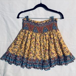 Kori Blue and Yellow Cottagecore Smocked Floral Ruffle Boho Skater Mini Skirt S